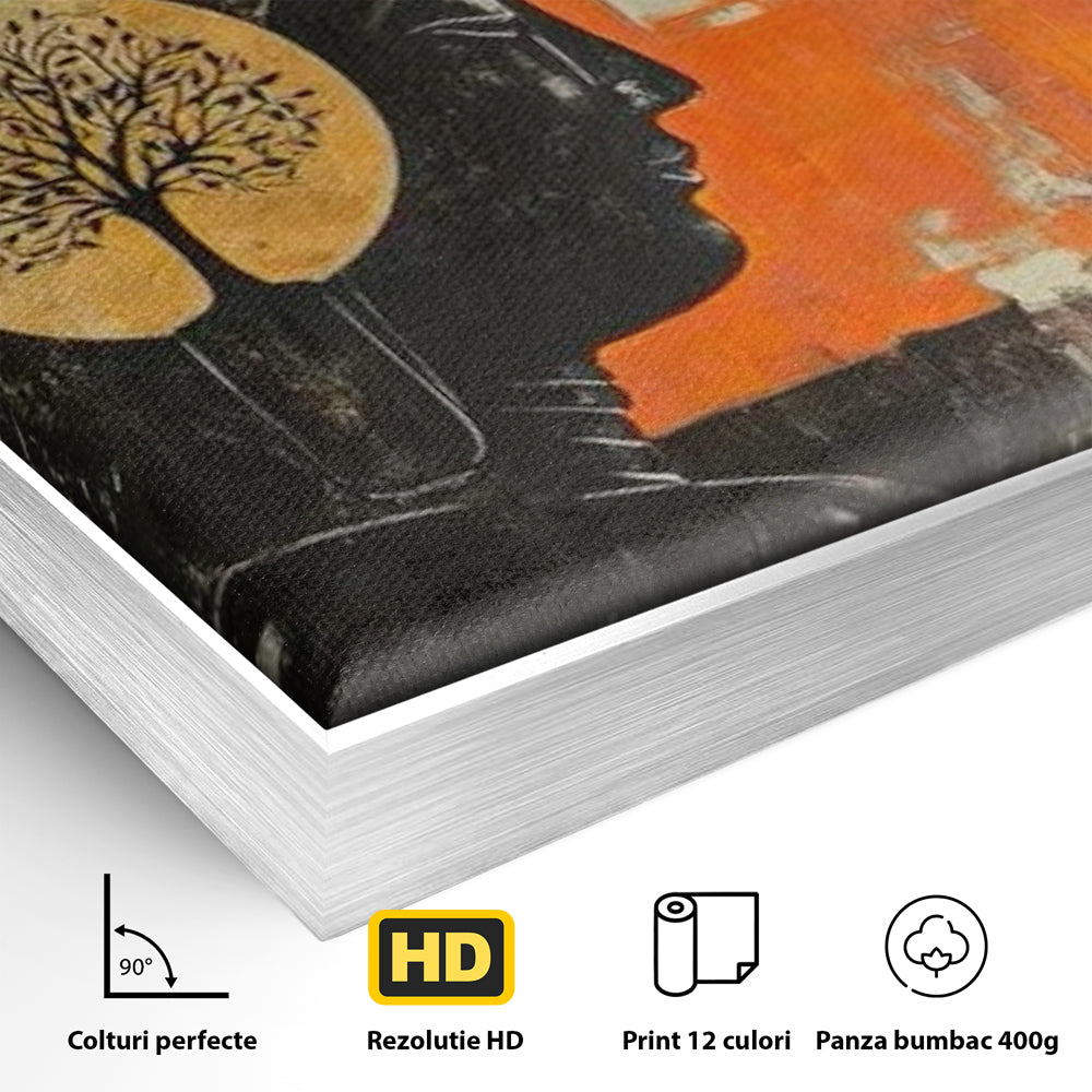 Detaliu al suprafetei: tablou canvas cu profilul lui buddha, in rama de aluminiu argintiu